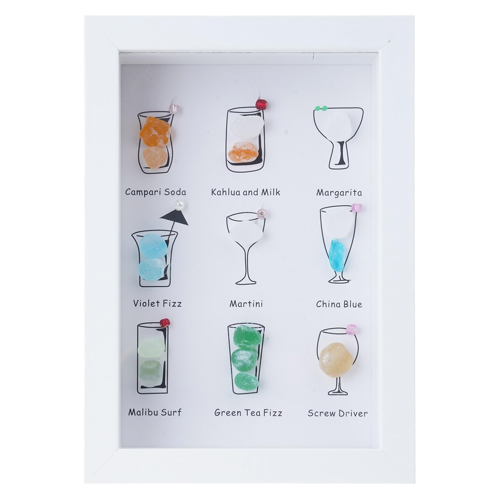 Bottone Coastal Cocktails Themed Framed Artwork Multicolored Sea Glass Wall Art Frame Unique Home or Club Enthusiasts Unique Beach Sea Glass Cocktails Wall Art