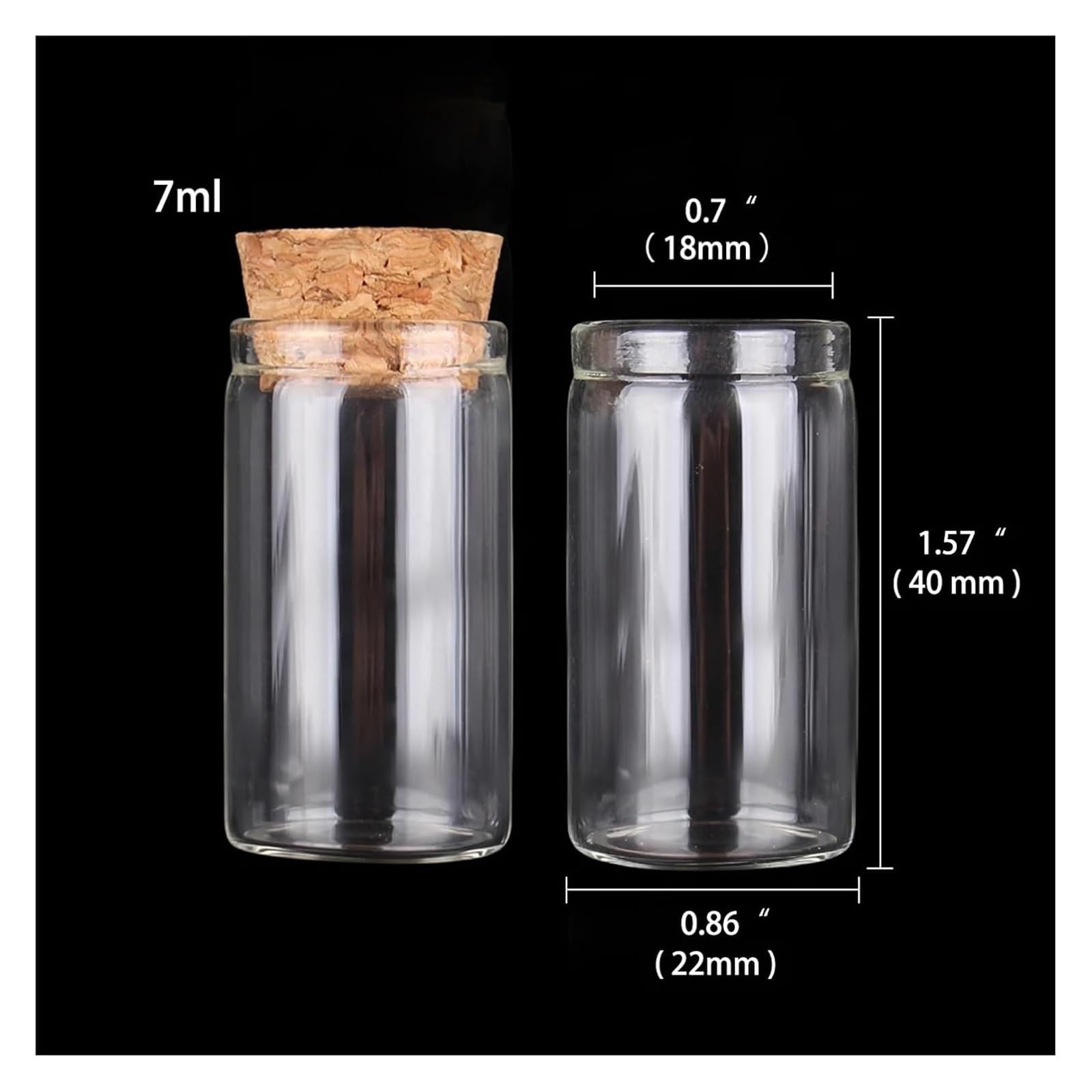 Przezroczyste szklane probówki, Szklane probówki z korkiem, opakowanie 24 sztuk o pojemności 5–30 ml, różne rozmiary(7ml 40mm)