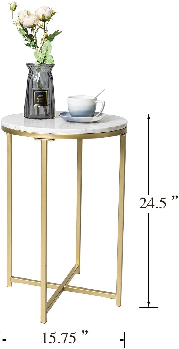 Gold Round Side End Table with Marble Top, Modern Bedside Small Coffee Table for Living Room Bedroom Small Space, 15.7" D x 24.5" H
