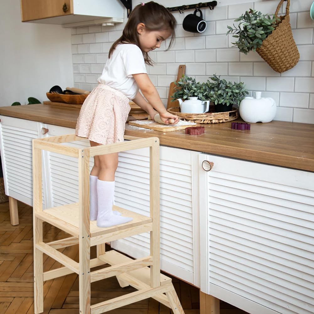 Montessori Lernturm aus Holz, platzsparend: Klappturm, Hocker für Kinder, faltbare Leiter für Kinder, mit Kippschutz, 90 x 52 x 39 cm, Originalfarbe