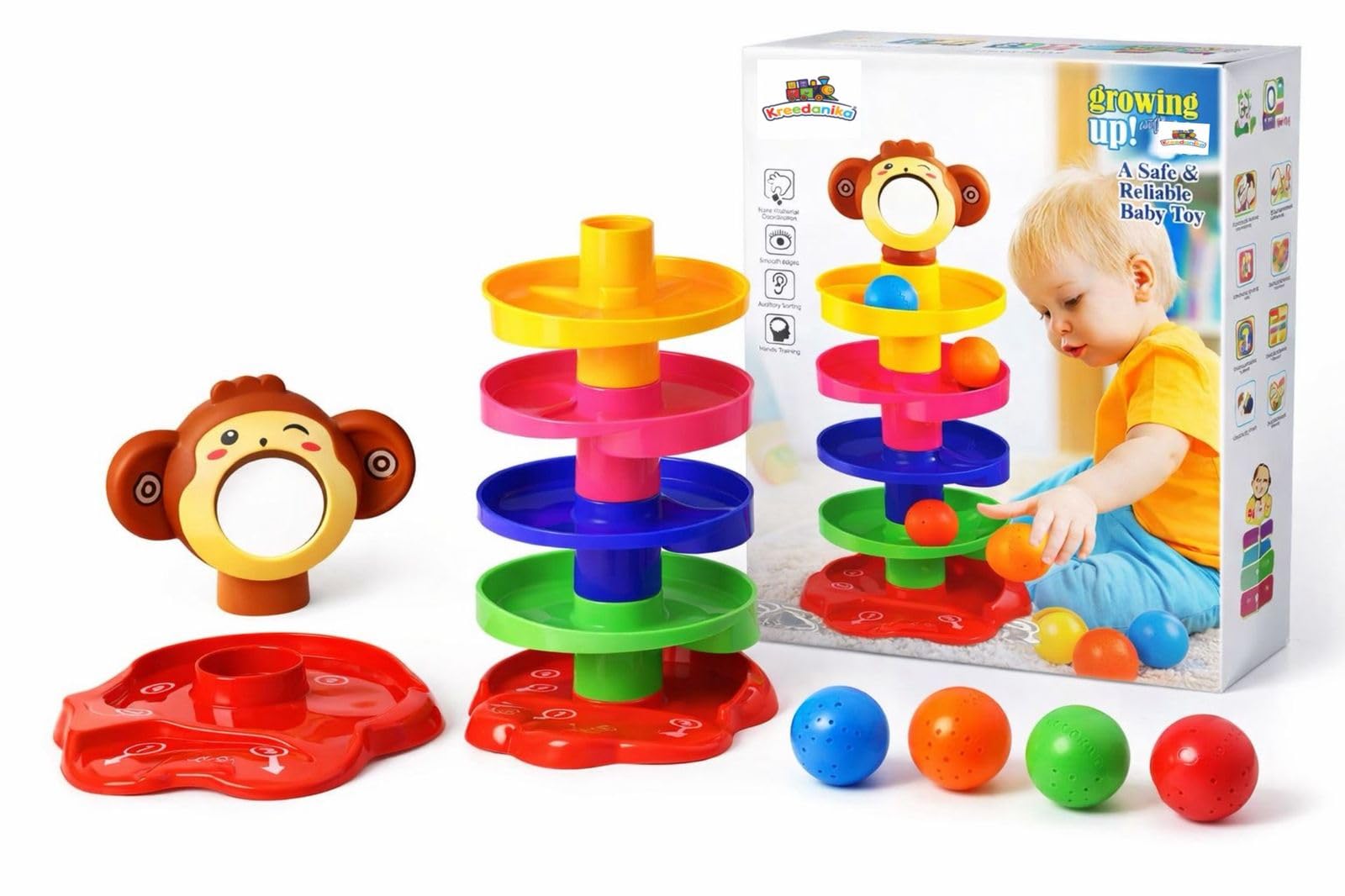 Kreedanika Roll Ball Tower with Monkey Topper, Colorful Ball Drop Toy for Toddlers, 5 Layer Ramp Track with 4 Balls, Age 3+-image-29