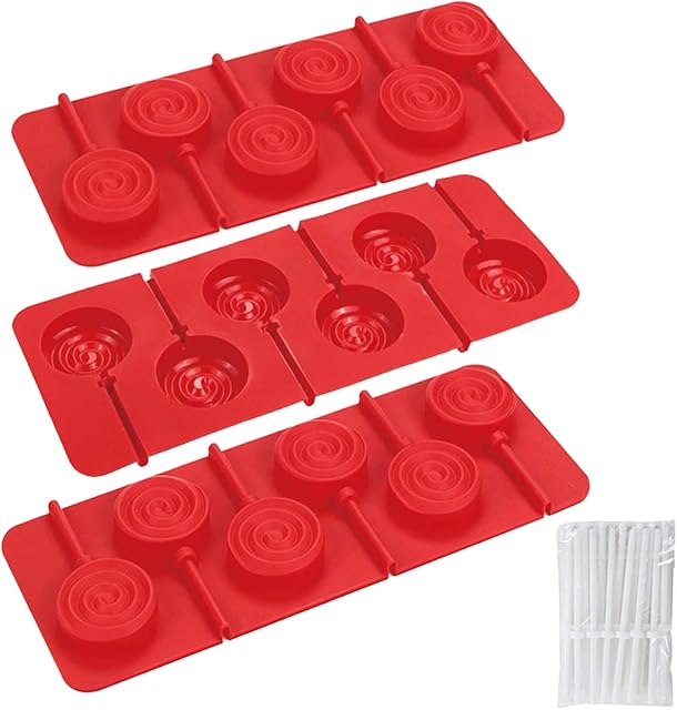 Webake Chocolate Lolly Moulds 6 Cavity Silicone Lollipop Mould Round Swirl Cake Lolly Mould with 18 Pcs Lollipop Sticks, Red, Set of 3