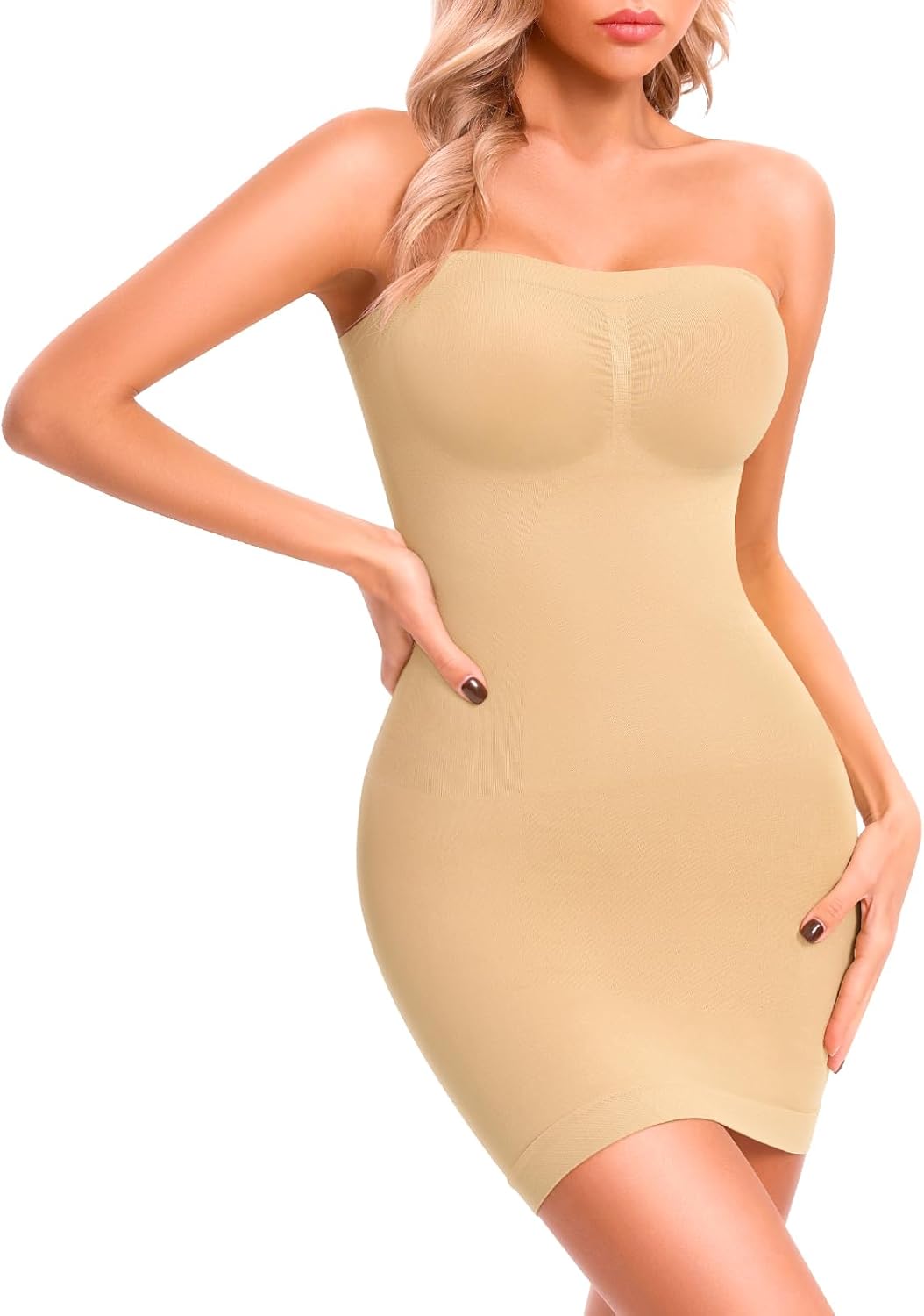 fortix Strapless Shapewear Slips for Under Dresses Strapless Full Body Shaper Tummy Control Dress Slip Seamless