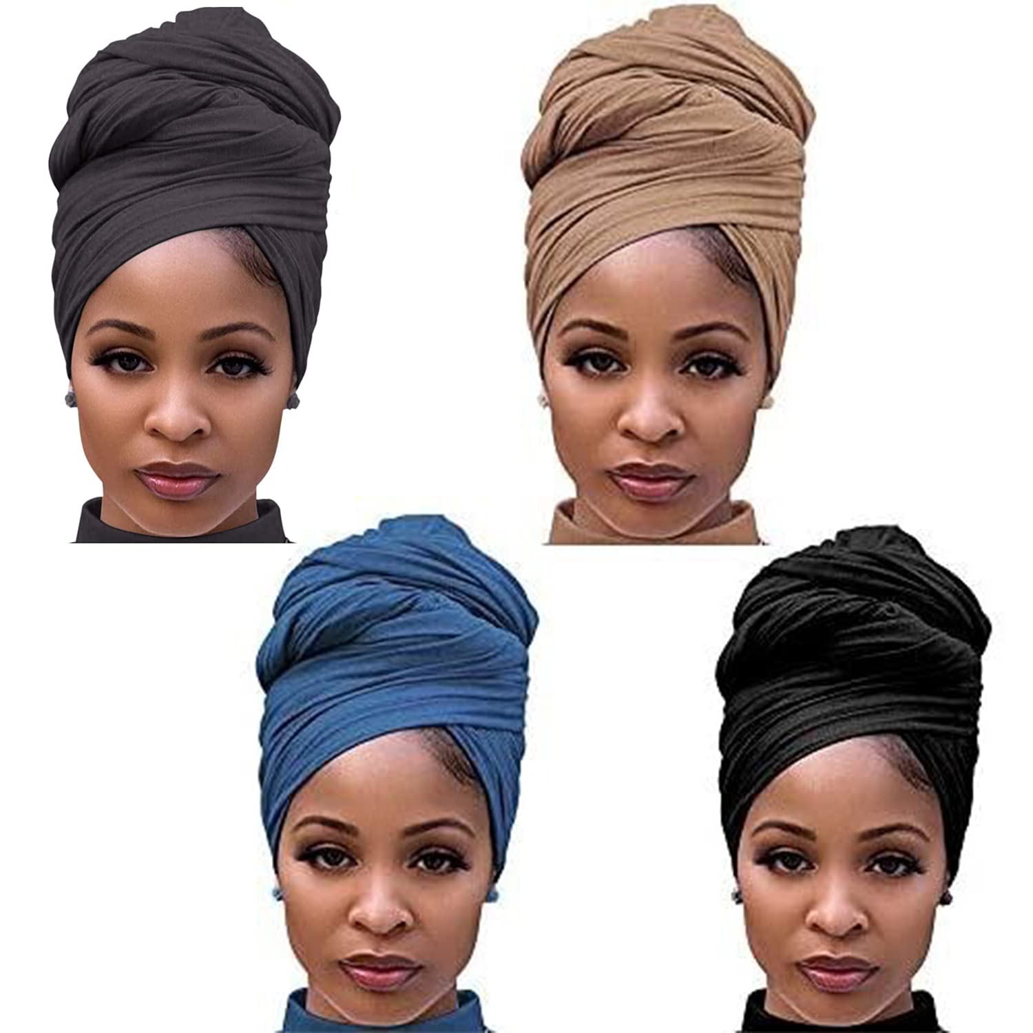 4 Packs Stretch Jersey Turban Head Wrap Scarf African Headwraps for Women Head Wraps Long Hair Scarf Ultra Soft Breathable Solid Color Turban Tie Large Headband (Black Dark Grey Light Brown Blue)