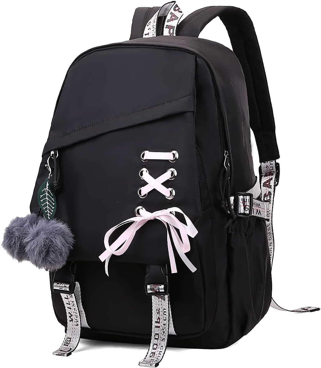 FENGDONGTeenage Girls Bookbag School Backpack Children Casual Daypack Schoolbag for Teens Black