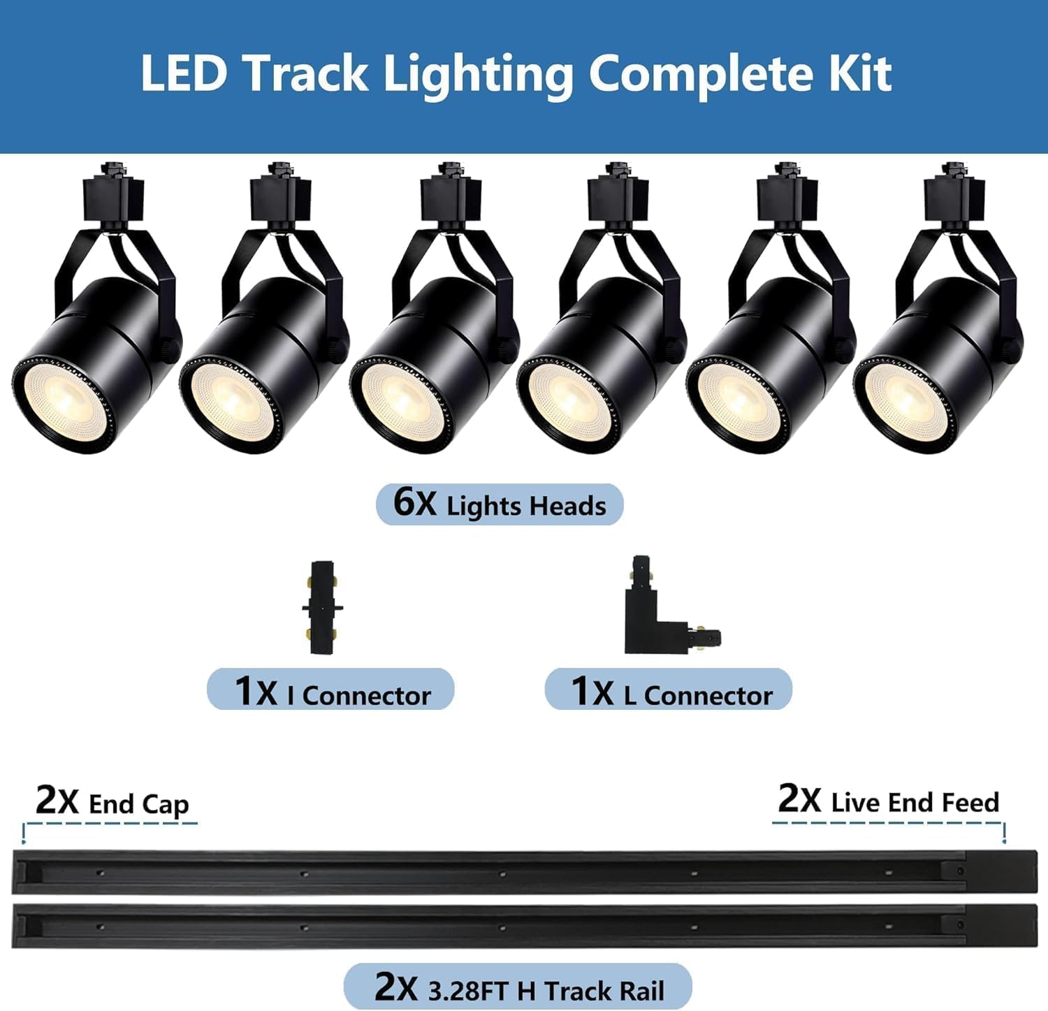 Black LED Track Lighting Kits, 20W 3000K Warm White PAR20 Track Lights, Ceiling Spotlight Fixtures with 2x3.28ft H Type Track Rails, Included 6 Pcs LED Bulbs for Large Space