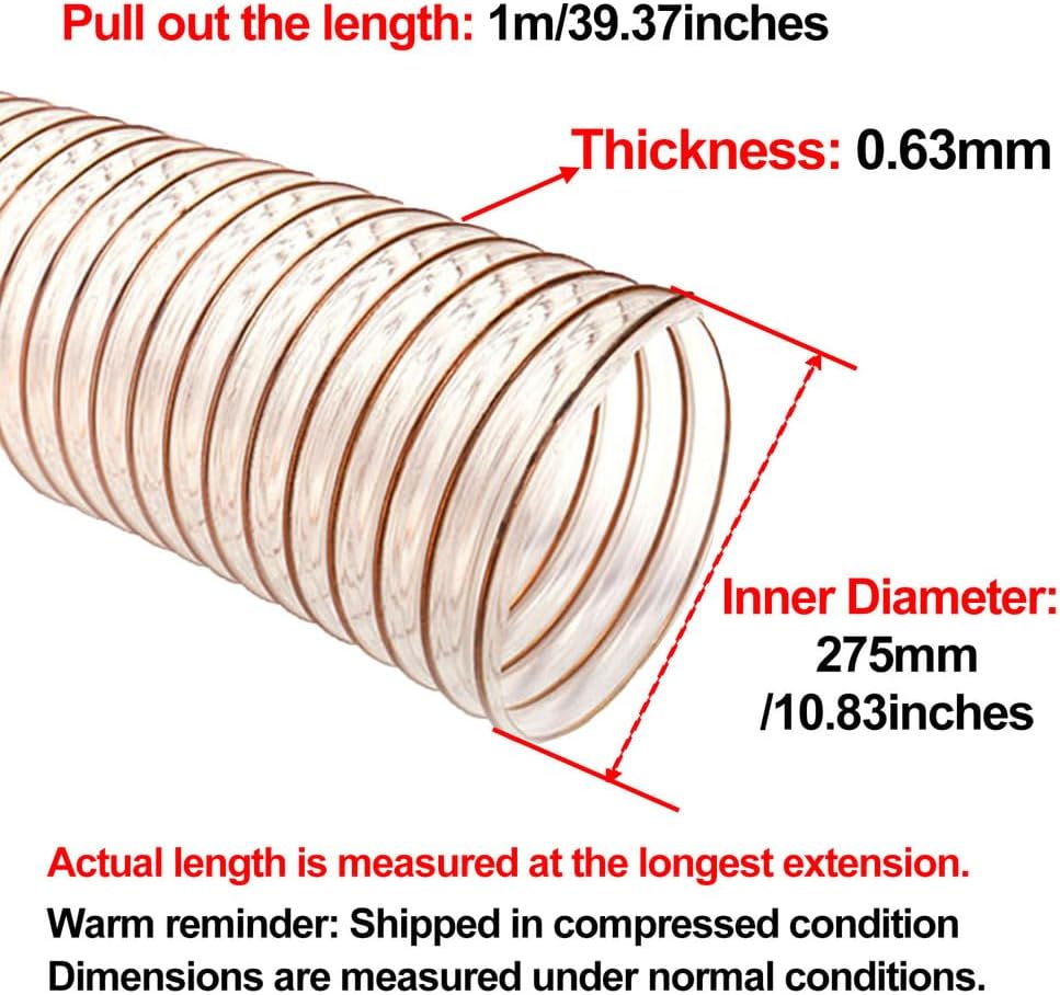 Industrial Air Duct PU Clear Polyurethane Pipe Excellent Resilience Ducting Hose 1M Inner Diameter 275MM Used in Vacuum Cleaners,Wall Thickness 0.63mm