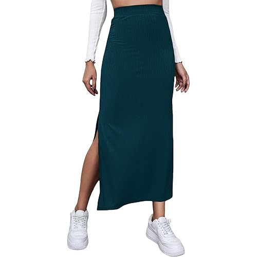 SheIn Women's Elastic Waisted Split Thigh Rib Knit Long Maxi Bodycon Pencil Skirt