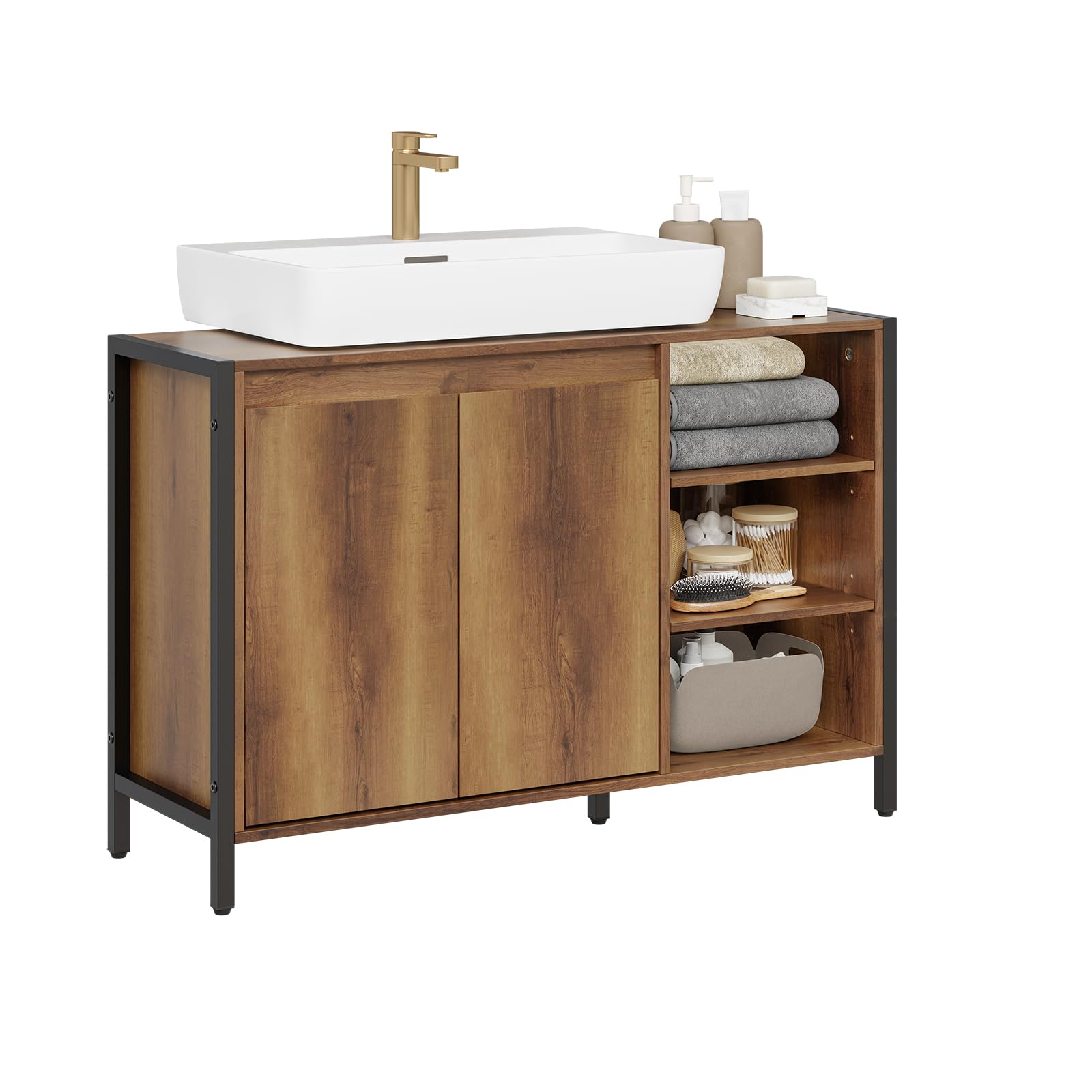 SoBuy Mueble Bajo Lavabo 90cm con Corte para Sifón para Baño | Muebles para Lavabo con Puertas y Estantes Abiertos, Armario Baño Auxiliar Estilo Industrial Madera y Metal BZR63-L-PF