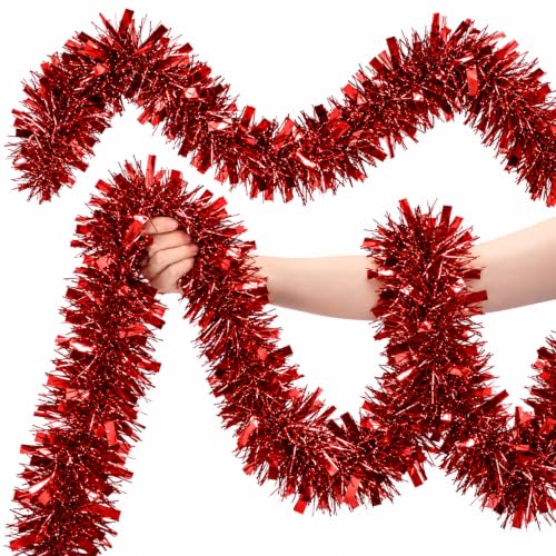 53Ft Red Christmas Tinsel Garland, Metallic Foil Twist Garland Decoration