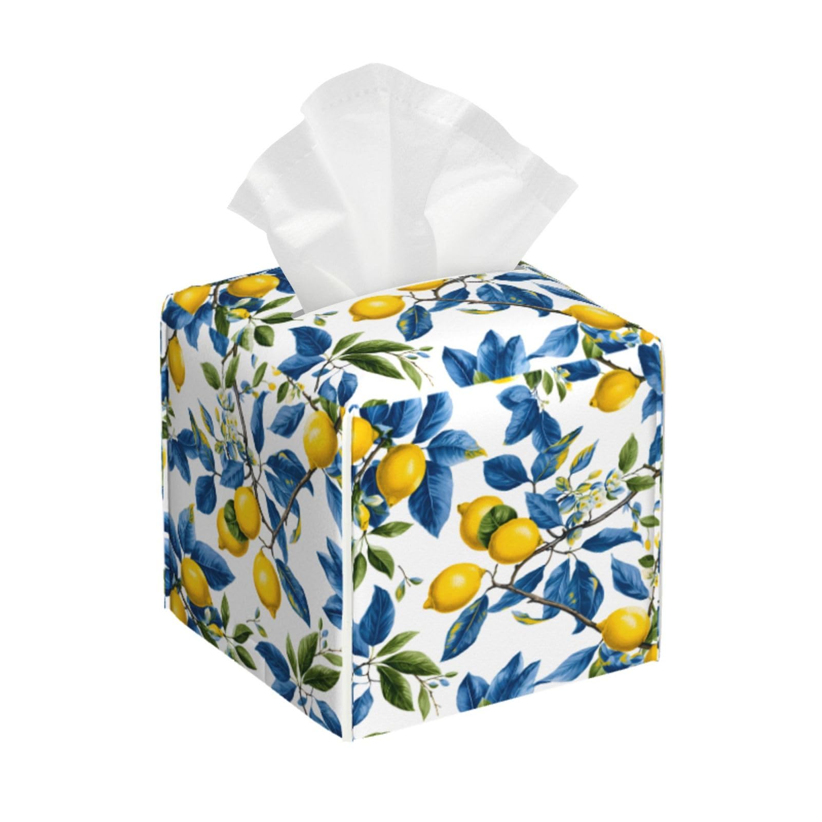 Tissue Box Cover Summer Lemon Blue Leaves Square PU Leather Tissue Box Holder for Car Bathroom Bedroom Desk Tabletop Decor