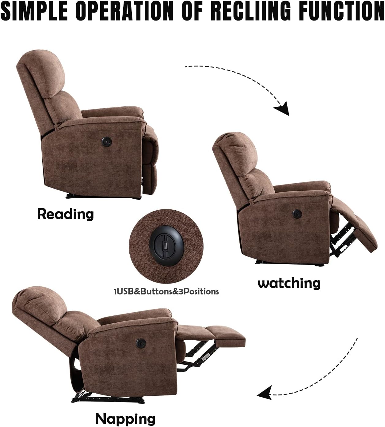 INZOY Electric Power Recliner Chairs with USB Charge Port, Adjustable High Back Home Theater with Upholstered Seat, Electric Overstuffed Reclining Recliner Sofa for Living Room Bedroom, Brown