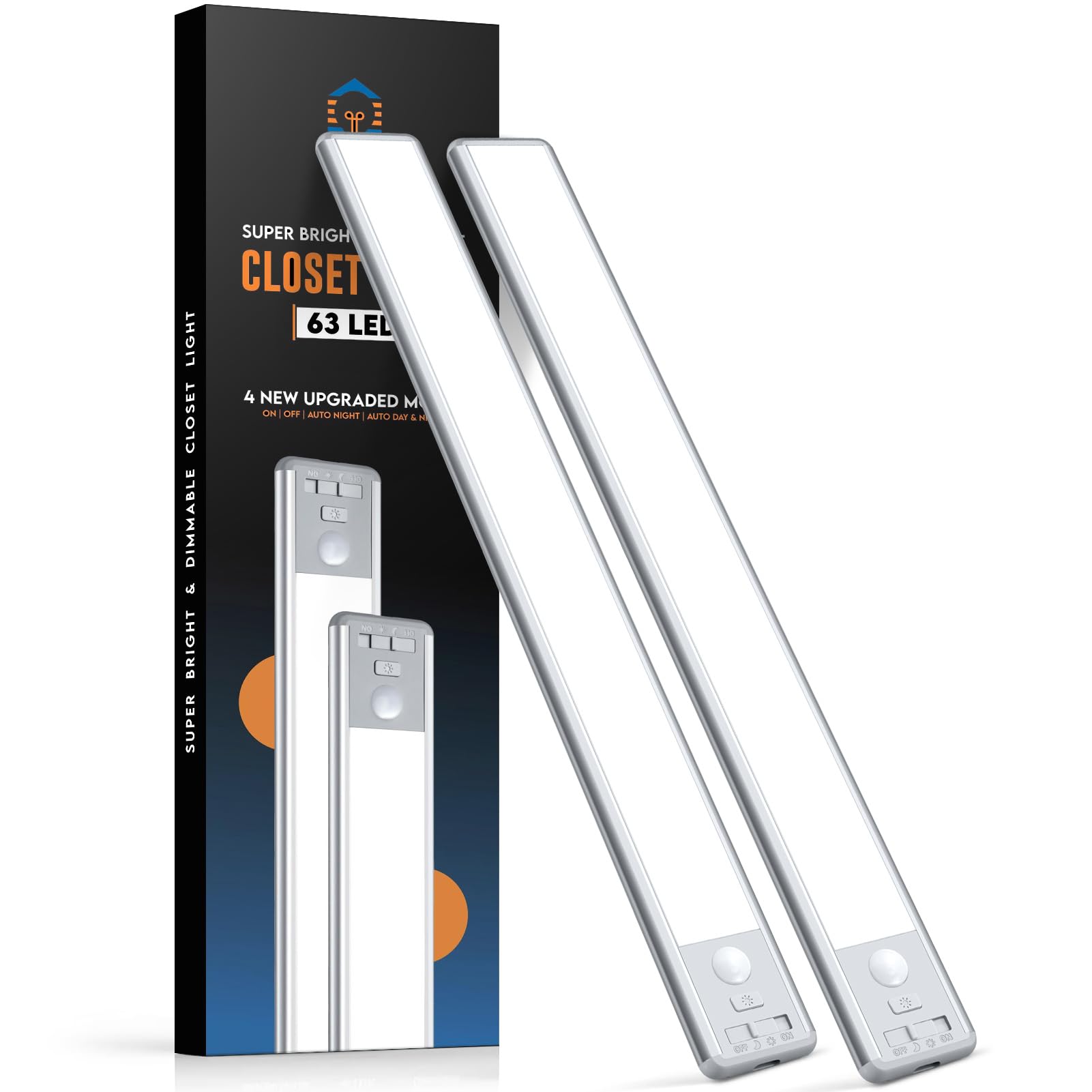 Reoshine 63 LED Closet Lights Motion Sensored, 2500mAh Rechargeable Under Cabinet Lighting, Dimmable & Magnetic Light Bar for Kitchen Cabinets, Hallways (2 Pack)