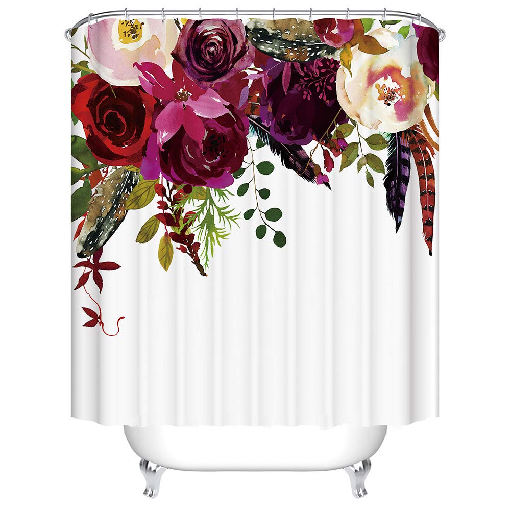 BOYOUTH Watercolors Colorful Flowers and Feathers Pattern Digital Print Shower Curtains for Bathroom Decor,Polyester Waterproof Fabric Bath Curtain with 12 Hooks,65x70 Inches,Multicolor
