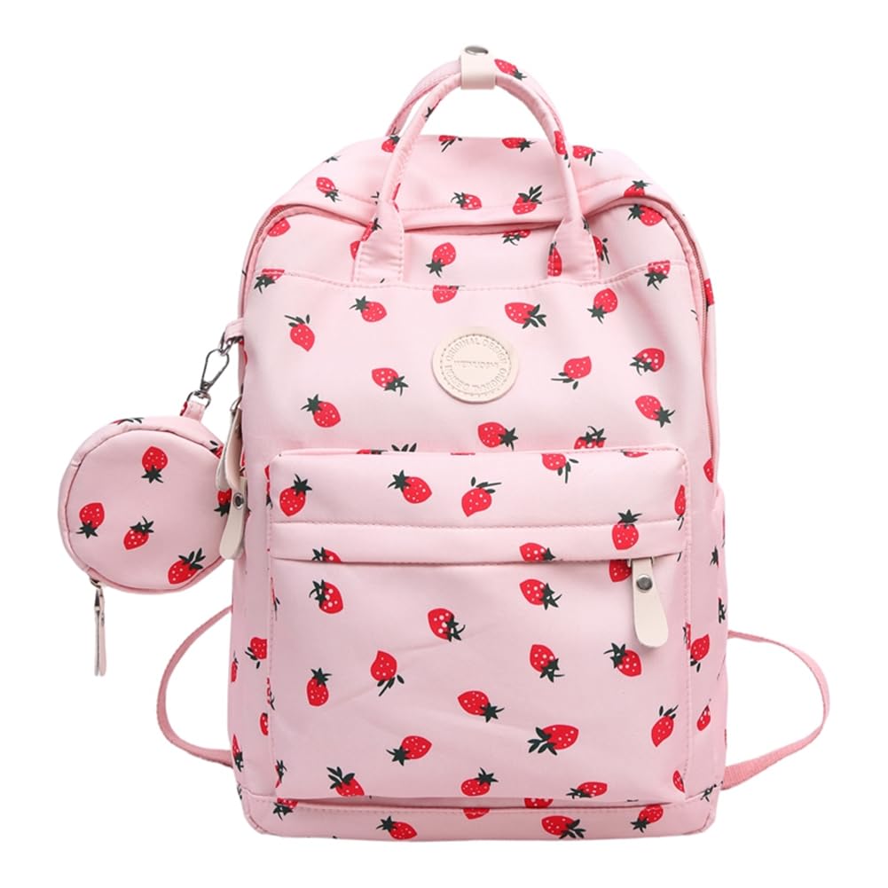 AVZYARDY Kawaii Strawberry School Backpack for Girls, Aesthetic Nylon Bookbag with Change Purse, Preppy College Travel Rucksack for Primary to Secondary Students-Pink