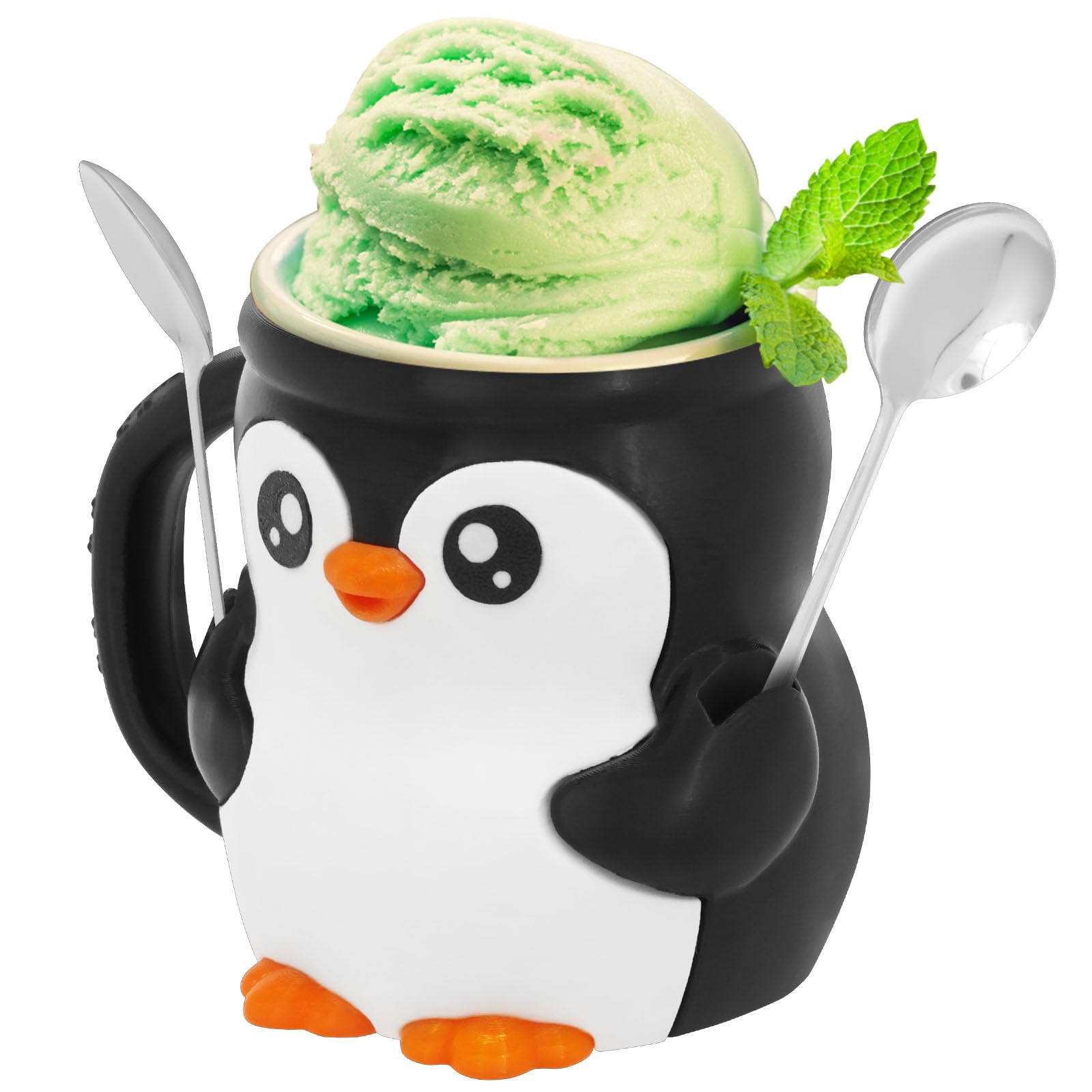 Foppla Penguin Ice Cream Pint Holder,Ices Creams Tubs Sleeve, Reusable Penguins Ice Cream Pint Sleeves Cover with Spoon & Handle, Cute Animal Ices Creams Cooler Container for Kitchen(with spoons)