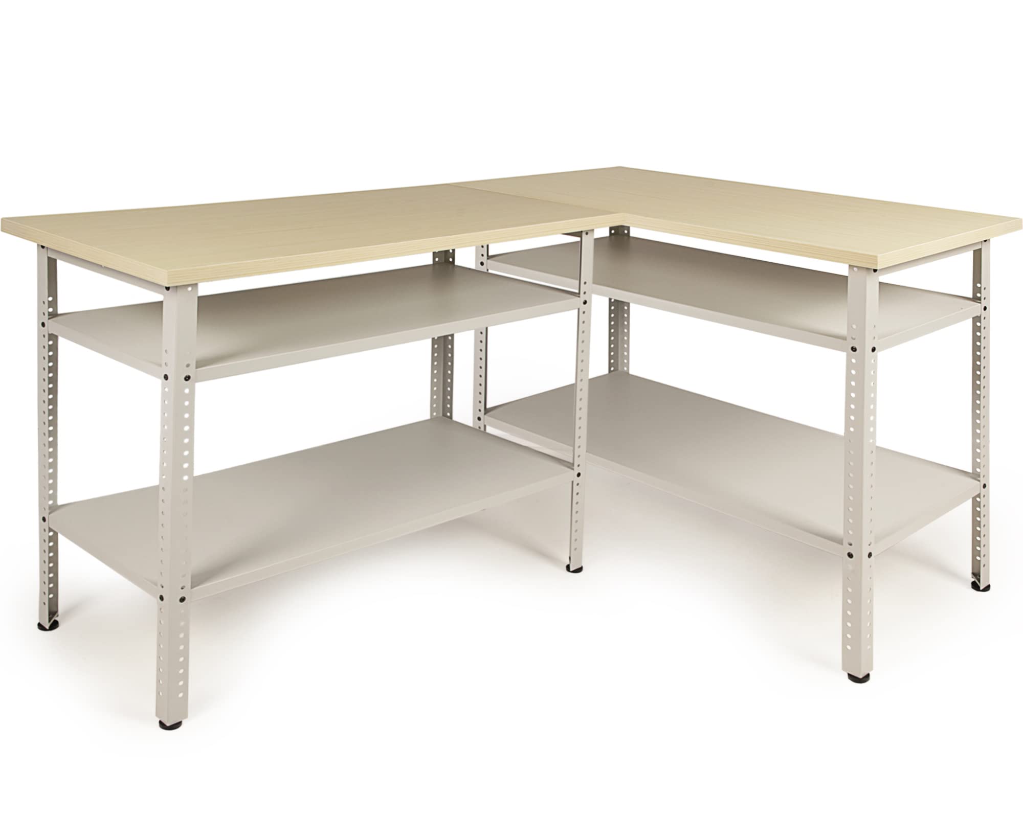Ondis24 Ecklösung Werkbank Nobbi Pro Packtisch aus Metall, mit Arbeitsplatte, höhenverstellbare Einlegeböden, Justierfüße, Werktisch für Sparfüchse lichtgrau (95cm)