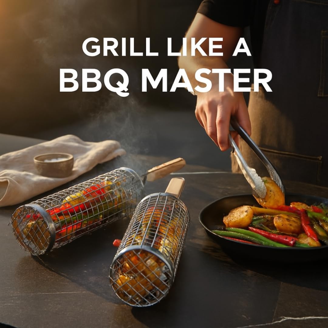 Grill Well 2.0 - Cesta rodante para parrilla (2 piezas) para verduras, kebob, camarones | Accesorios de parrilla para cocinar al aire libre y acampar | Regalo perfecto para el día del padre para