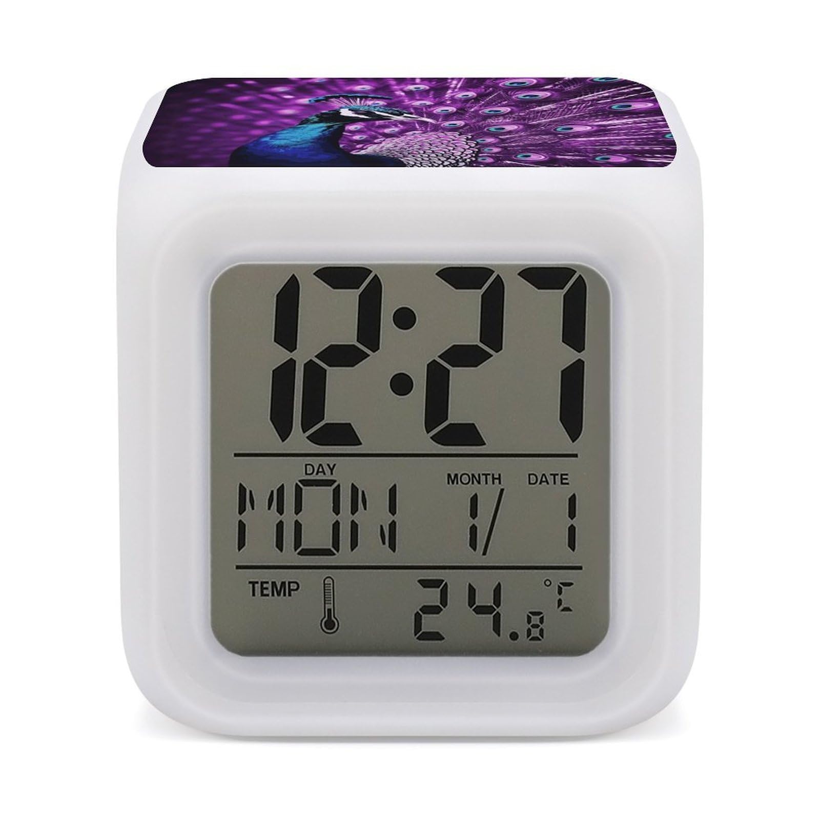 FekiLoot Purple Peacock Alarm Clock for Heavy Sleepers Wake Up Digital Clock with 7 Color Changing Night Light Super Loud Digital Alarm Clocks Small Machine Alarm Clocks