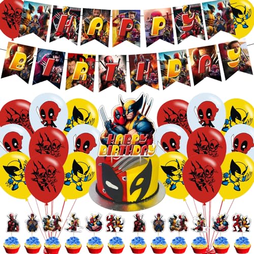 Party Decorations Cartoon Birthday Party Supplies Includes Banner- Cake Topper - 24 Cupcake Toppers - 18 Balloons