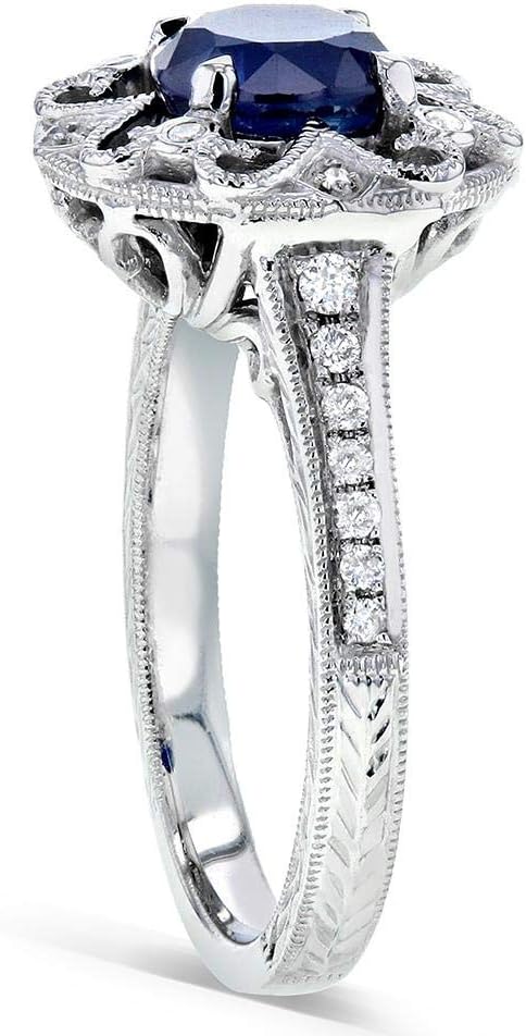 Kobelli Antique Style Round Blue Sapphire and Diamond Vintage Style Engagement Ring 1 1/2 Carat (ctw) in 14k White Gold