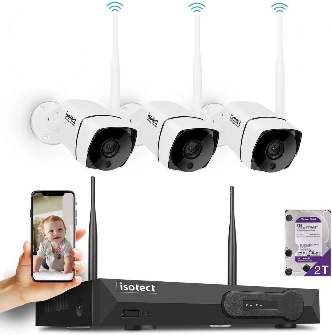 New ISOTECT Security Camera System Wireless, 3pcs 1080P Audio Cameras Strong Version WiFi Wireless Security Camera NVR Kit +8CH 1080P NVR, 2TB HDD Pre-Installed