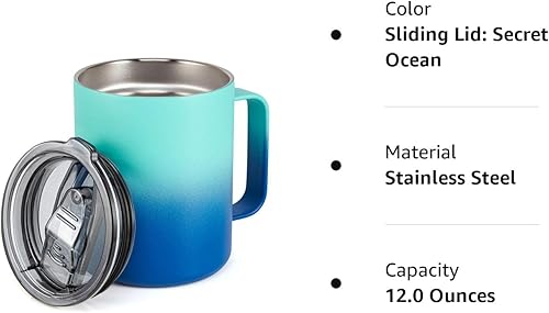 Miniatura 8 de ALOUFEA Taza de café aislada de acero inoxidable de 12 onzas con asa, taza de viaje al vacío de doble pared, vaso con tapa deslizante, océano secreto