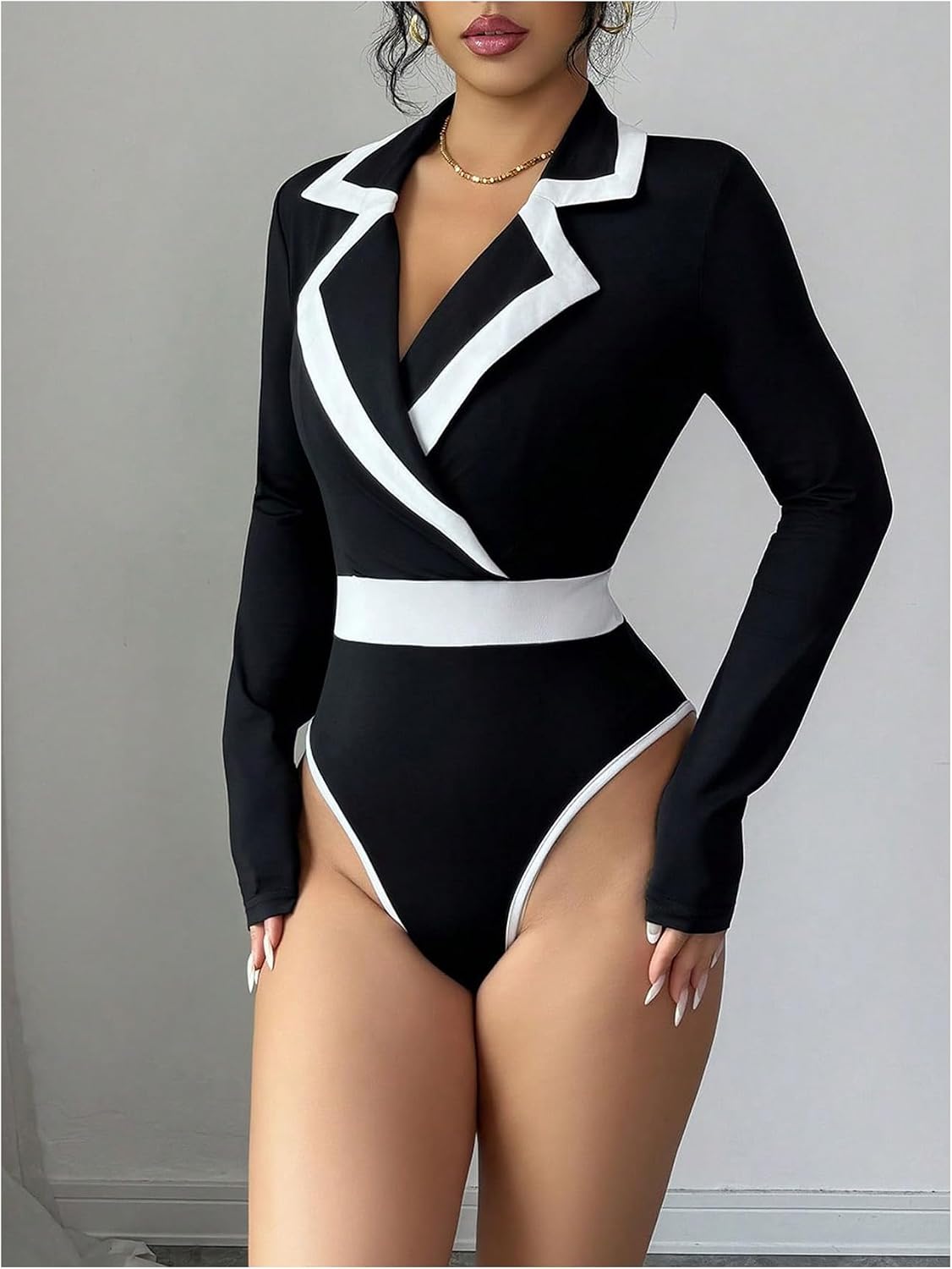 GORGLITTER Women's Wrap Blouse Bodysuit Collar V Neck Dressy Long Sleeve Business Casual Body Suits Tops