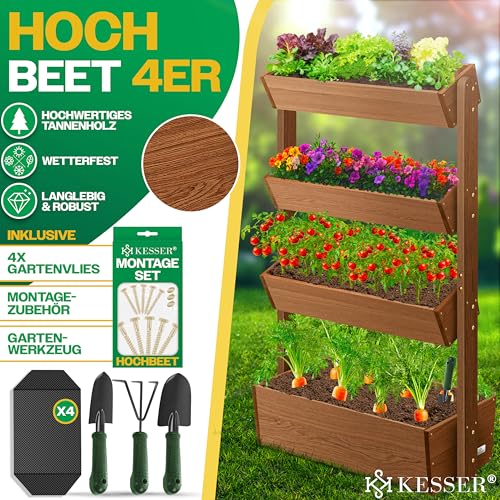 Foto von KESSER® Hochbeet mit 4 Etagen Premium Blumenkasten Blumentreppe Pflanztreppe Gemüsebeet Kräuterbeet Pflanzkübel Frühbeet Blumenbeet Pflanzkasten mit Gartenvlies - Beet inkl. Schaufelset, Braun