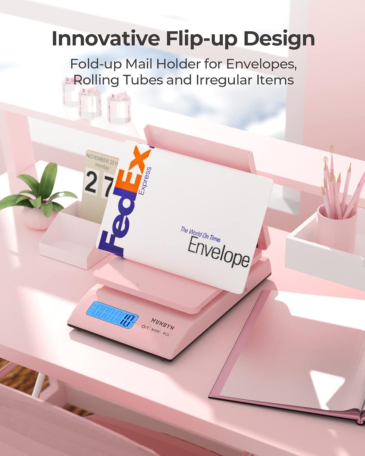 MUNBYN Shipping Scale, Accurate 66lb/0.1oz Postal Scale with Sweet Pink Style, Hold/Tear/PCS Function, Auto-Off, Battery & AC Adapter, Back-Lit LCD Display, Digital Scale for Packages, Letters, Food : Office Products