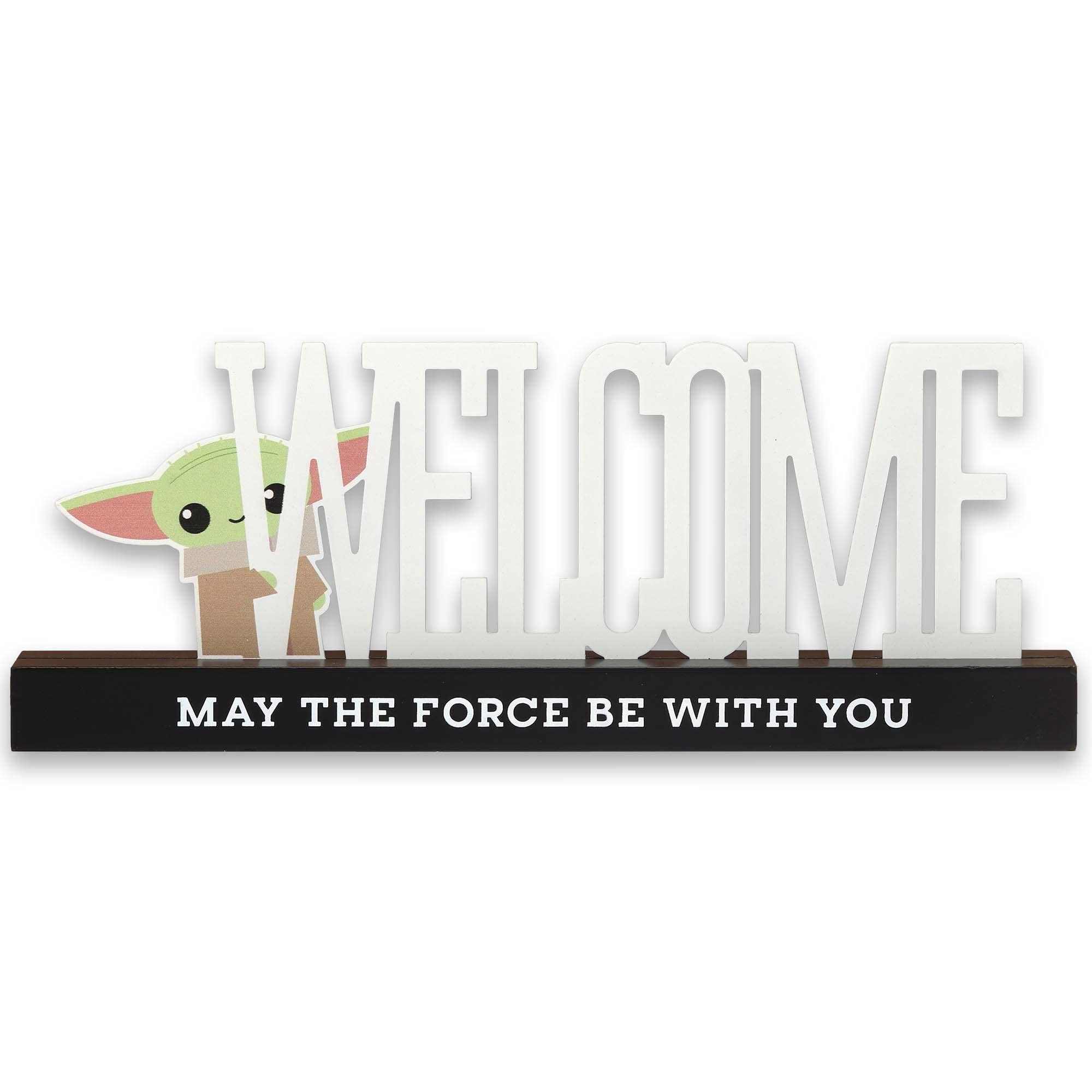 Open Road Brands Disney Star Wars Baby Yoda Welcome Tabletop Decor - May the Force Be With You Metal Baby Yoda Decoration on Black Wood Base