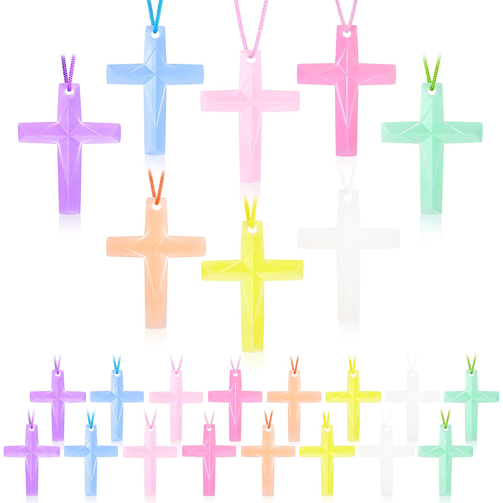 NCPLYGOU 128Pcs Plastic Cross Necklace, 8 Colors Crystal Cross Necklace, Bulk Christian Religious Party Favors,Birthday Gifts for Easter Vacation