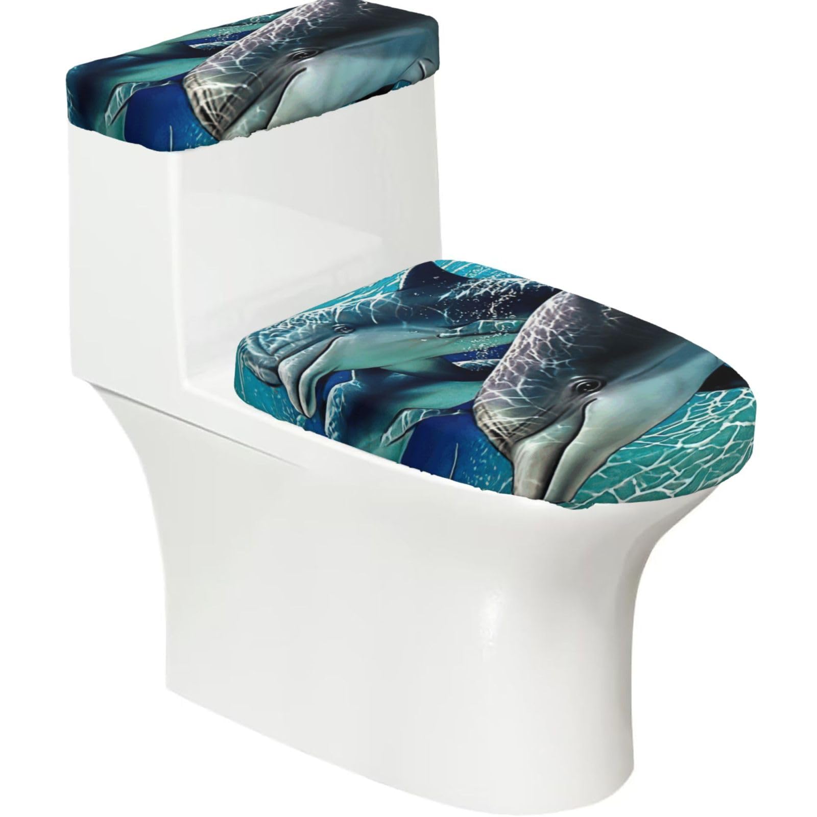Dolphins Print 2-Piece Stretch Toilet Cover Set, Elastic Breathable Toilet Seat and Tank Lid Protector