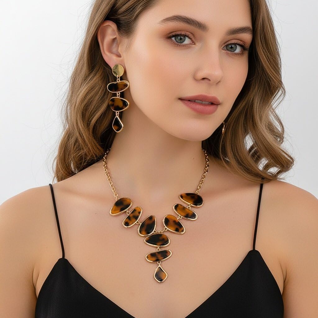 Leopard Earrings Necklace for Women Chunky Acrylic Leopard Irregular Geometry Oval Y- Pendant Necklace Boho Resin Statement Dangle Drop Earrings Trendy Party Jewelry Accessories for Women - Image 2