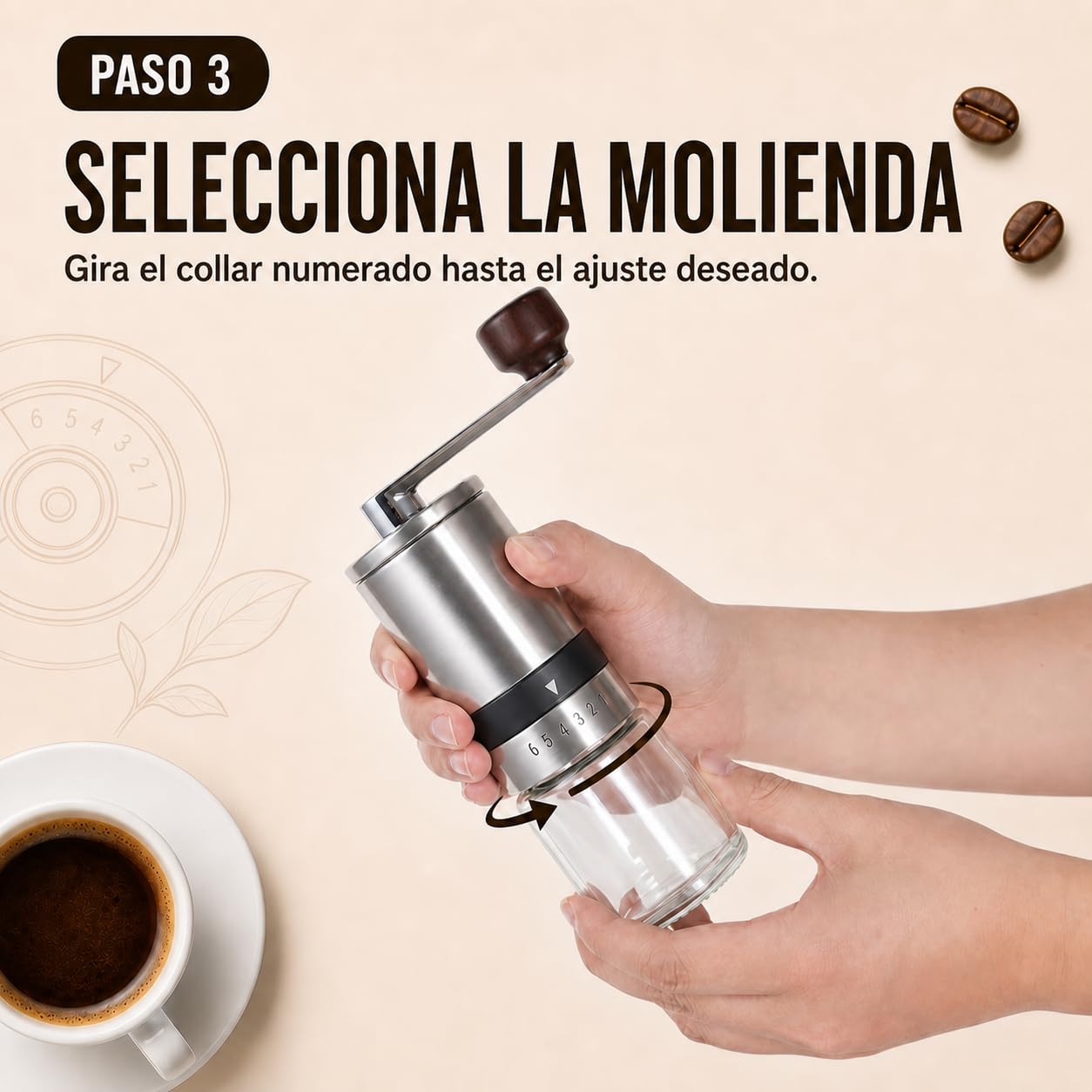 Molinillo de café manual plateado con 2 recipientes de cristal | Molinillo de cerámica de acero inoxidable para café expreso, café de filtro, prensa francesa, camping