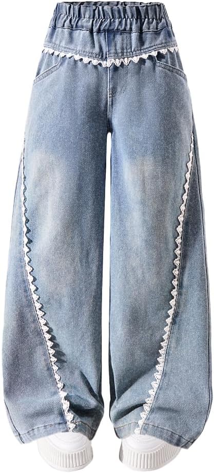 Nivne Tco Tween Girls Jeans, Trendy Wide Leg Baggy Pants with Lace Trim - Casual Elastic Waist Denim Pants with Four Pockets