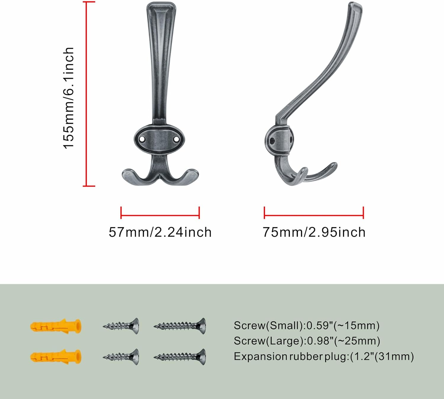 TUNNY Coat Hooks - Heavy Duty Hooks-Antique Nickel Coat Hooks, Pack for 3 Entry Shoe Cabinets On Door Hanger, wall Hook for Hanging Towel,Purse, Robe, Backpack, Jacket, Clothes - for Bathroom