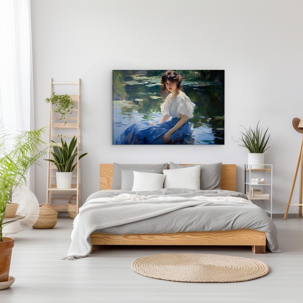Canvas for Living room. Serenity Embodied: A Young Woman's Tranquil Gaze Across Timeless Waters, 27 x 18 inch Canvas Wall Art - Ready to Hang - 69x46 cm (27x18 inch)
