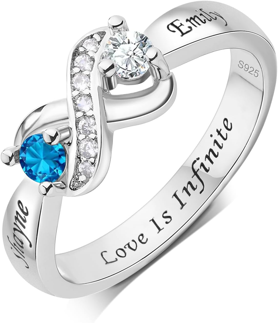 BAUMA AUTO 925 Sterling Silver Personalized Infinity Mothers Ring with 2 Round Birthstones Custom Name Engraved Rings for Wedding/Valentine's Day/Mother's Day Gifts
