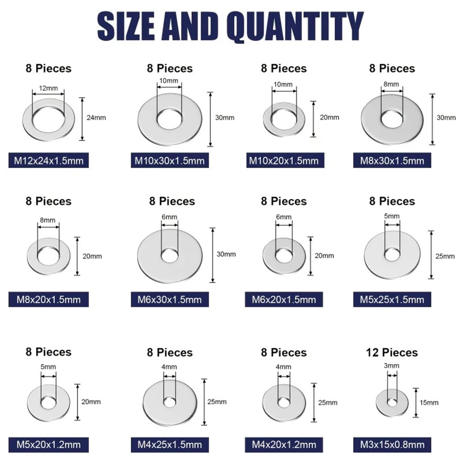 100/200 pièces rondelles de garde-boue en acier inoxydable plates for vis et boulons Kit métalliques 100 (12 tailles M3-M12) grand assortiment pour Vis et Boulons(100pcs)