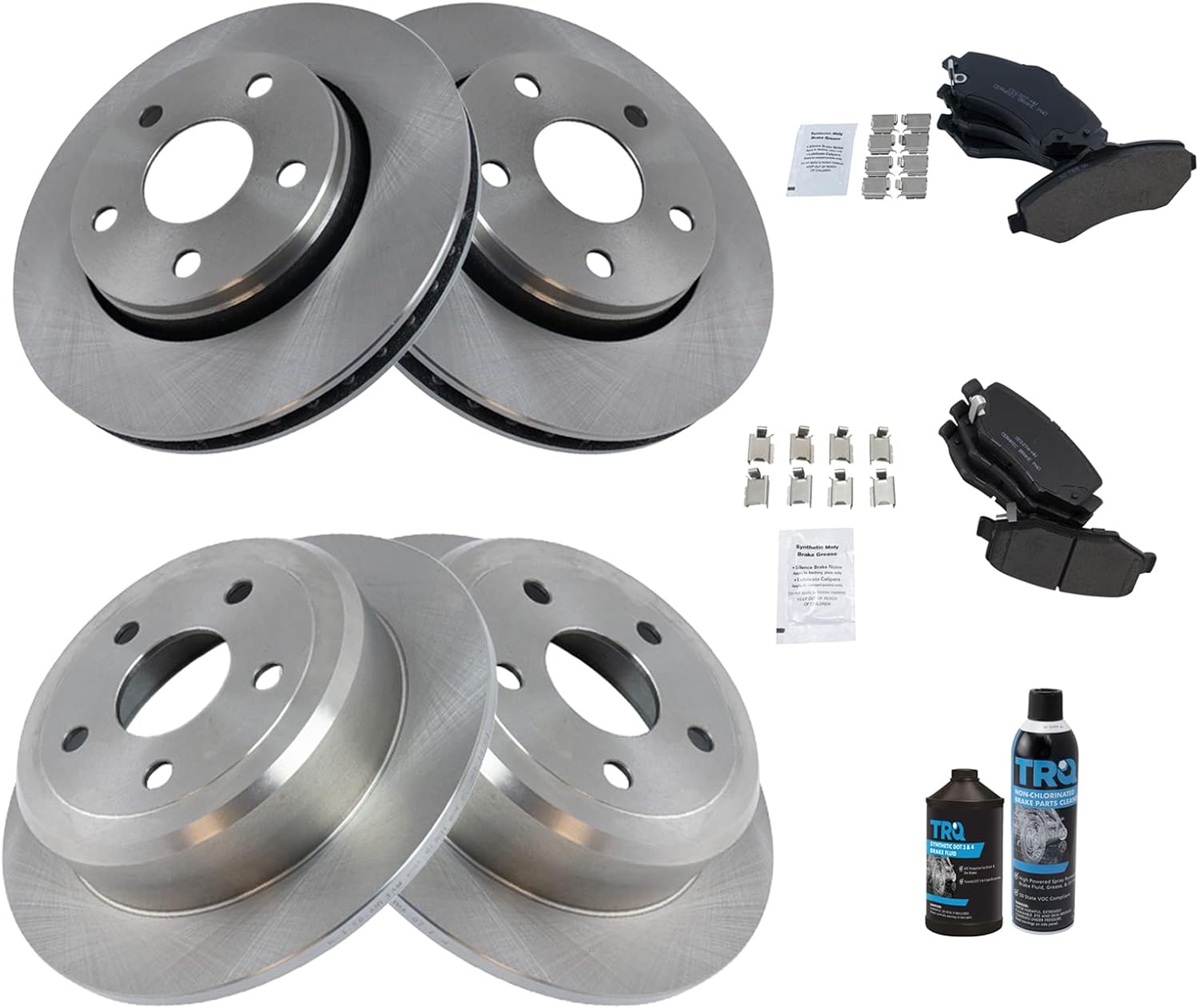 TRQ Front and Rear Brake Pad & Rotor Kit Brake Chemical Kit Brake Pads Brake Rotor Ceramic Compatible with 2007-2017 Jeep Wrangler 2018 Wrangler JK