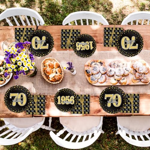 Image of 96PCS 70th Theme Birthday Party Tableware Vintage 1956 Party Supplies 70 Year Old Birthday Decorations Plates Napkins Forks Black and Gold Dinnerware Favors for Men or Women