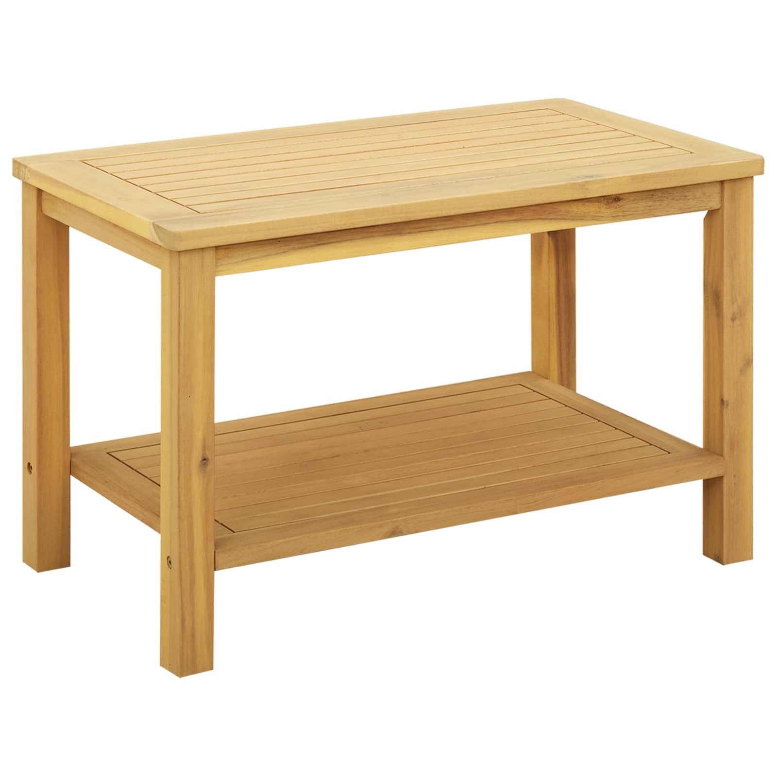 Stolik pomocniczy z naturalnego drewna akacjowego, 70 x 40 x 45 cm, z półką, miejsce do przechowywania do salonu i ogrodu, stolik do odkładania napojów i na sofę