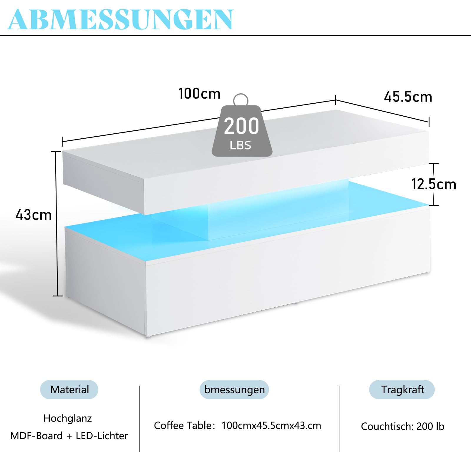 LUXOAK 100 cm Couchtisch Hochglanz mit LED, 2 Ebenen, Stauraum Weiß | RGB-Beleuchtung per App, Offene Ablagefläche, Modernes Design, Robuste Konstruktion, Vielseitig nutzbar
