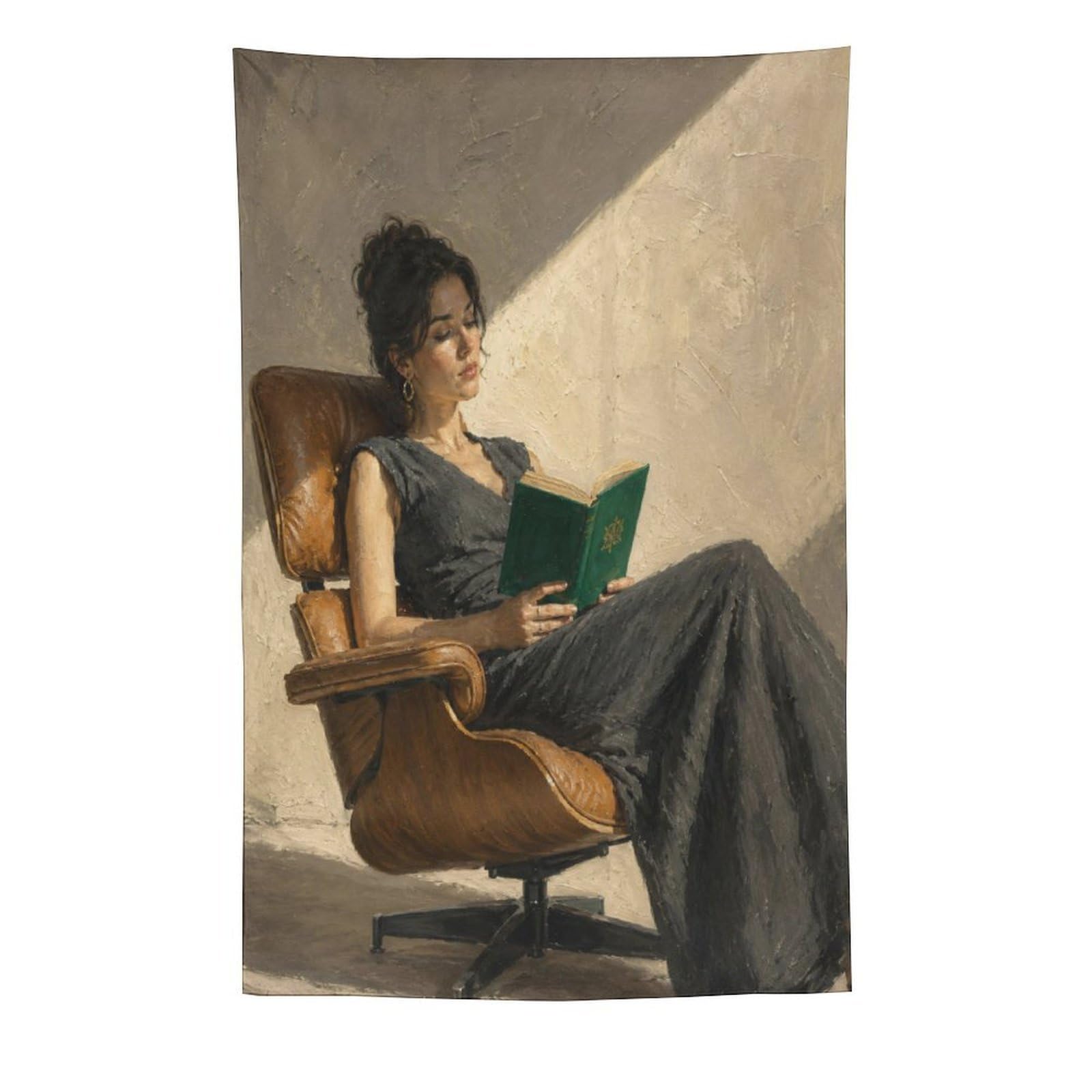 W7C8U2X3 Woman Reading Green Book Wall Tapestry, Realistic Illustration