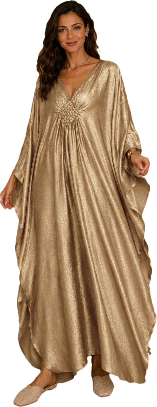 RanRui Caftans for Women Solid Color Chiffon Plus Size Kaftan V Neck Batwing Sleeve Loungewear
