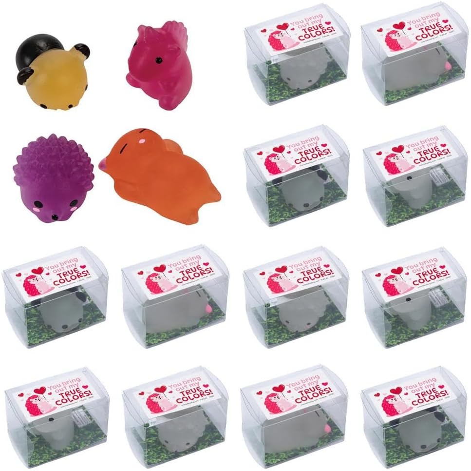 Fun Express Mini Sunlight-Change Animal Mochi Squishy Valentine Exchanges with Card for 12