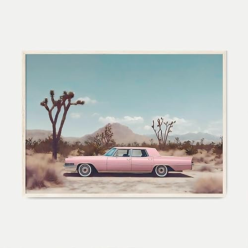 Arte de pared rosa del desierto para pared, póster de automóvil rosa, impresión de paisaje occidental, imágenes de cactus del desierto, decoración
