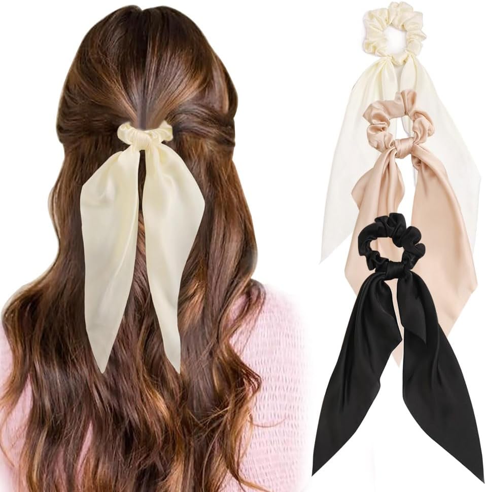 HOOTO 3PCS Knotted Hair Scrunchies Satin Scarf Hair Tie Elastic Bow Hair Bands Silky Hair Ribbon Long Tail Ponytail Holder Hair Accessories for Women Girls