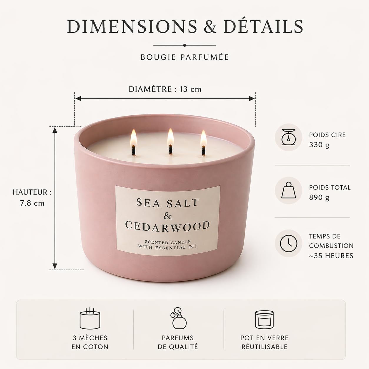 Vela perfumada de 3 mechas Sea Salt & Cedarwood - Sal marina y madera de cedro - Maceta decorativa rosa polvoreada - Cera de calidad - 35 horas - Ø 13 cm, H 8 cm - 330 g - Ambiente natural